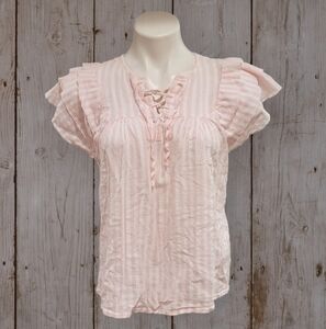 GAP Womens Medium Pink Ruffle Short Sleeve Stripe Smock Top